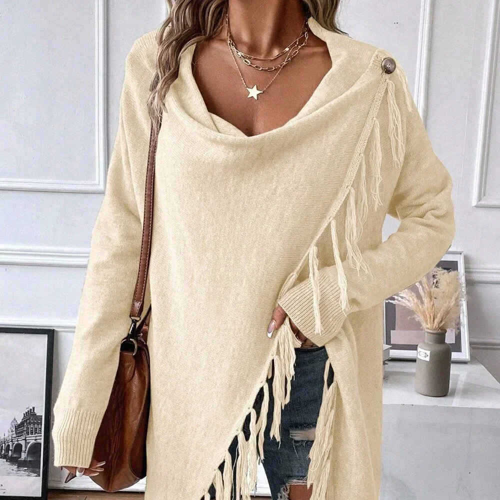 Apricot Casual Women's Fringe Trim Draped Collar Wrap Asymmetrical Sweater Dress